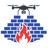 LAF-Group.fi logo ilmassa leijuva drone suojelee sinisen muurin takana sijaitsevaa kaksikäyttöteknologiatehdasta ulkoista uhkaa symboloivalta tulenliekiltä